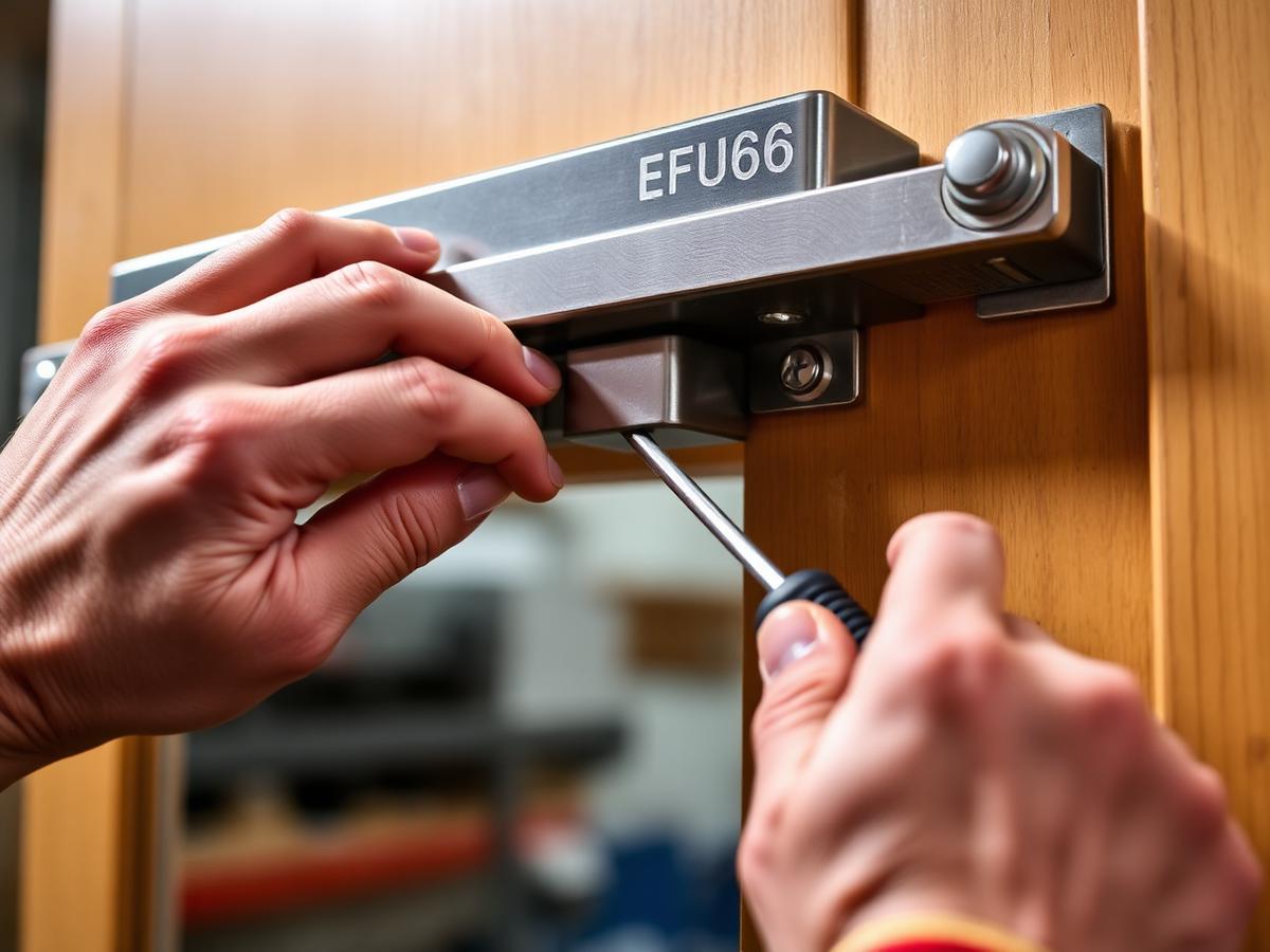 Fire-rated ironmongery being fitted to a new timber fire door